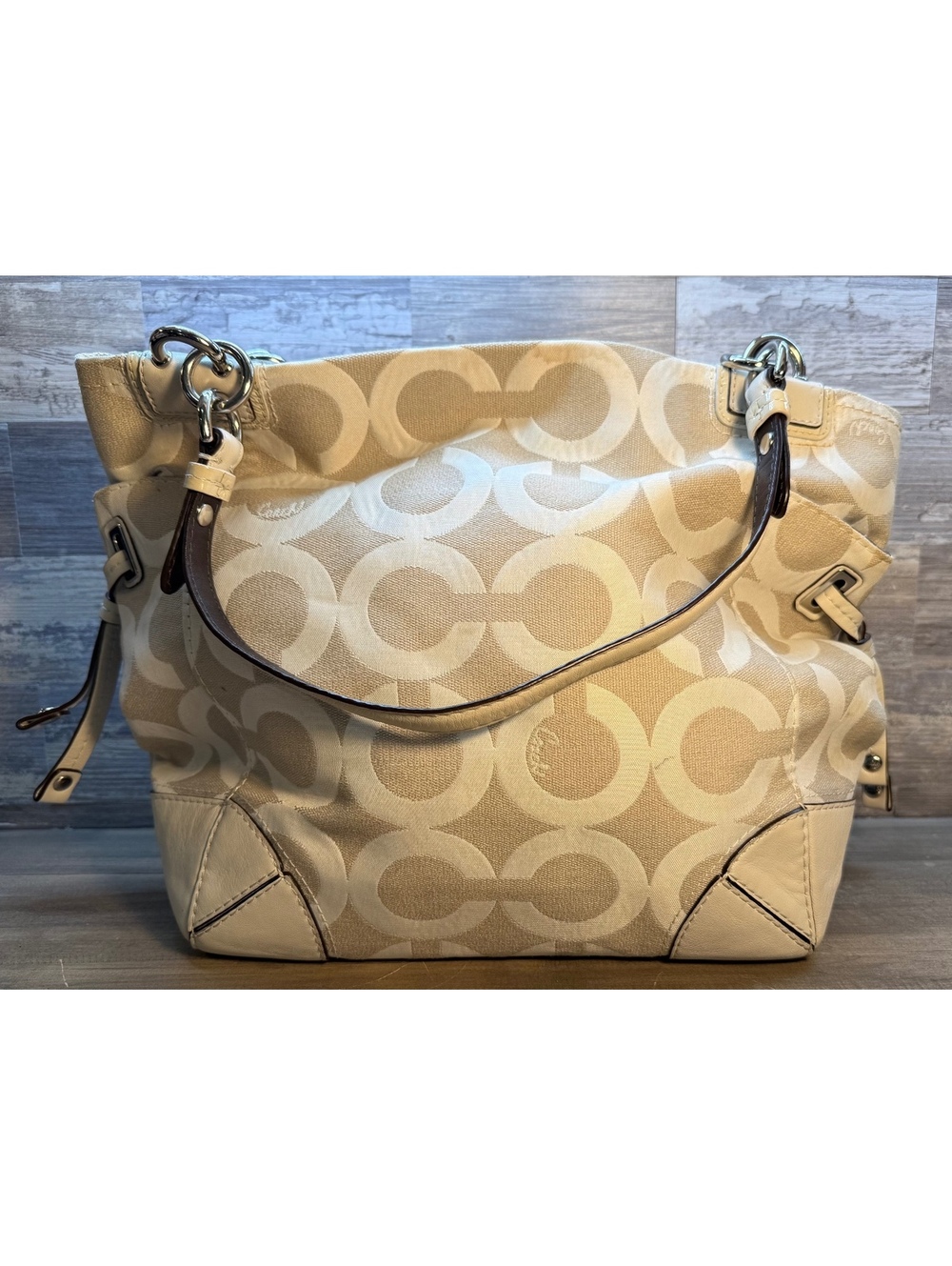 Coach Peyton Signature Op Art Shoulder Bag Cream Brown Leather (hbp1/cp22) - Picture 2 of 12